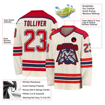 Custom Cream Red-Navy Hockey Jersey - Sky-Custom