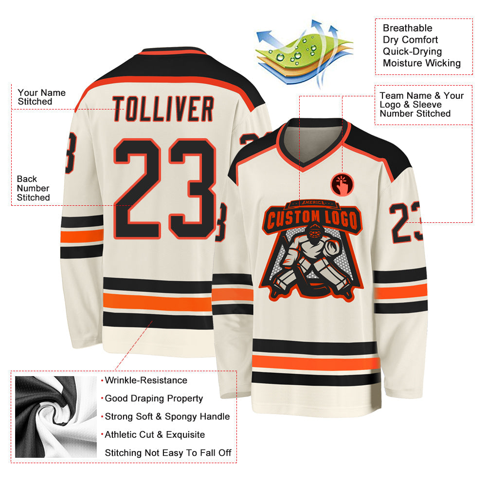 Custom Cream Black-Orange Hockey Jersey - Sky-Custom