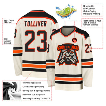 Custom Cream Black-Orange Hockey Jersey - Sky-Custom