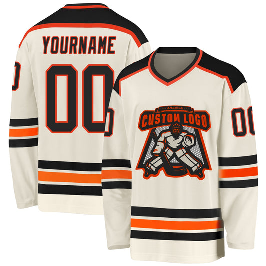 Custom Cream Black-Orange Hockey Jersey - Sky-Custom