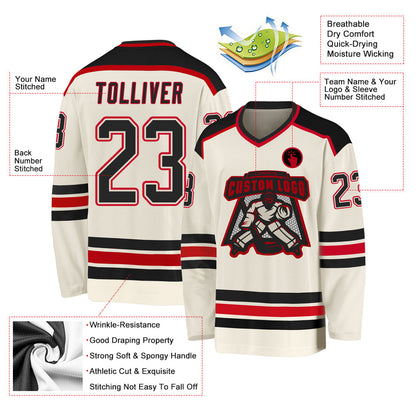 Custom Cream Black-Red Hockey Jersey - Sky-Custom