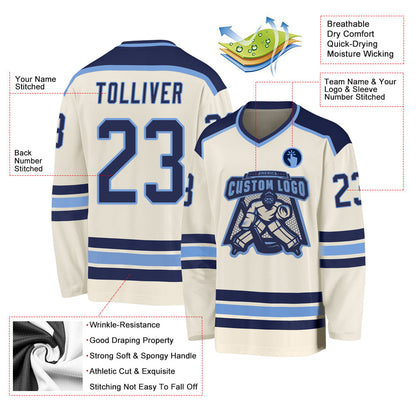 Custom Cream Navy-Light Blue Hockey Jersey - Sky-Custom