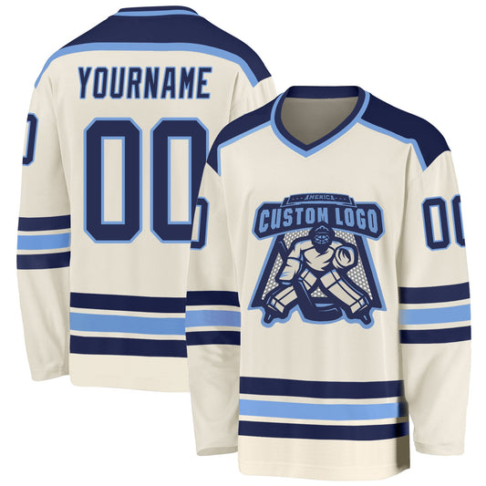 Custom Cream Navy-Light Blue Hockey Jersey - Sky-Custom