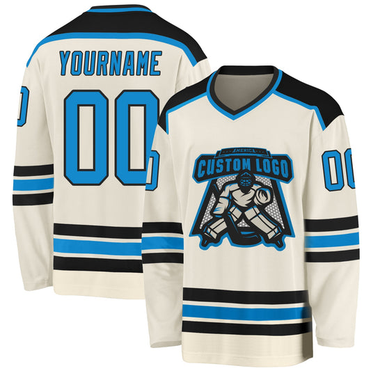 Custom Cream Blue-Black Hockey Jersey - Sky-Custom