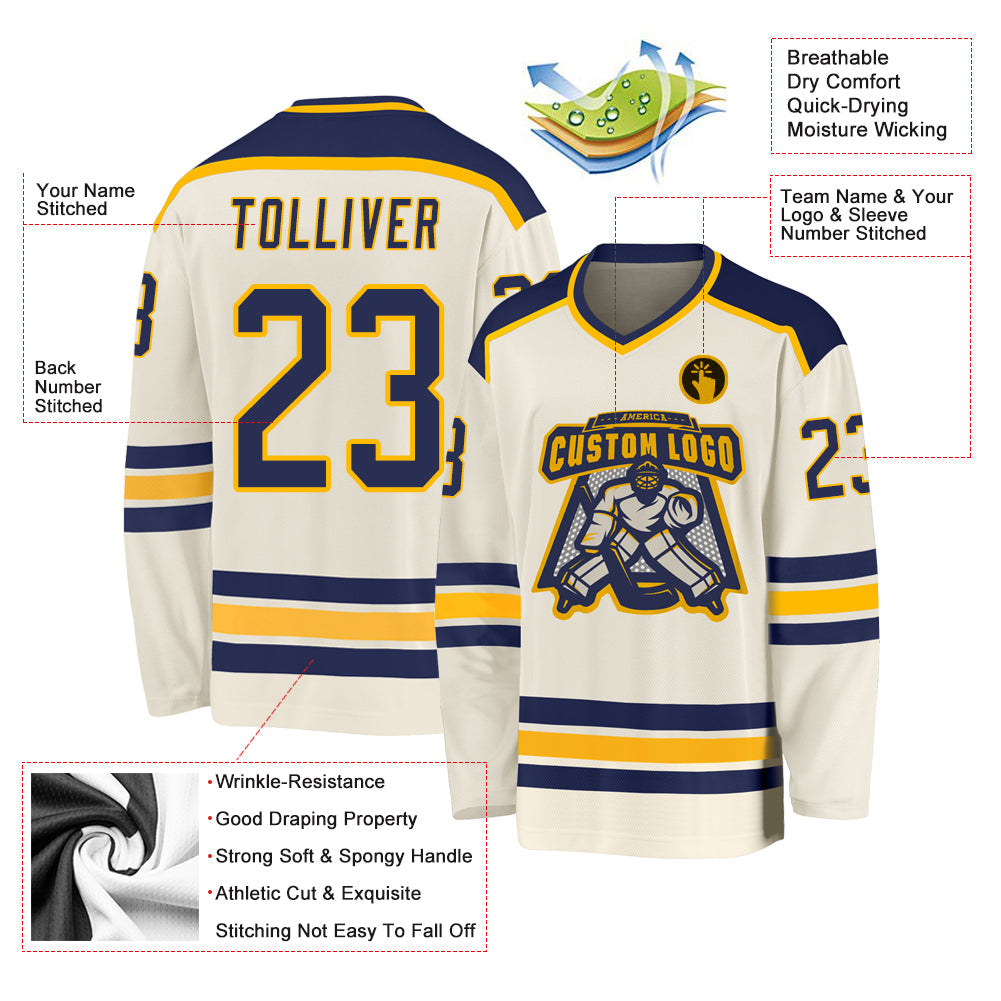 Custom Cream Navy-Gold Hockey Jersey - Sky-Custom