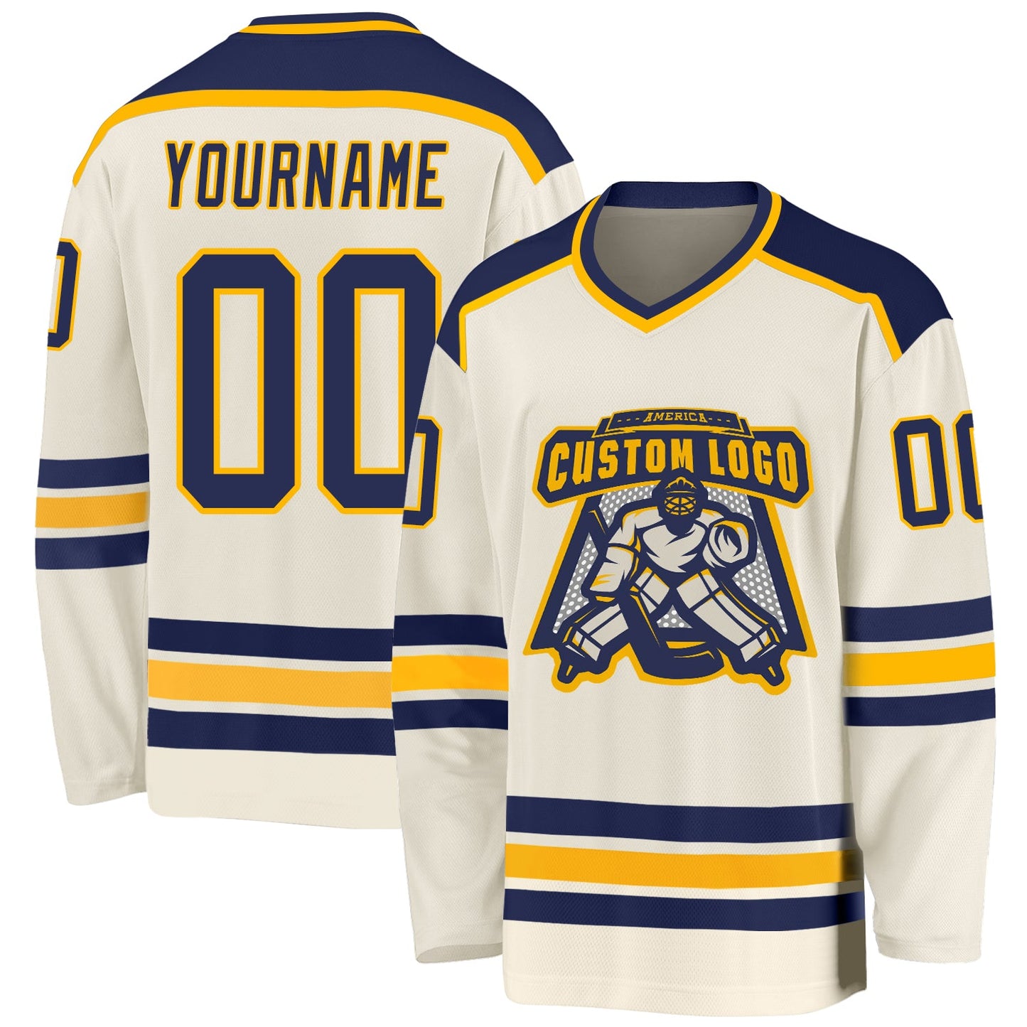Custom Cream Navy-Gold Hockey Jersey - Sky-Custom
