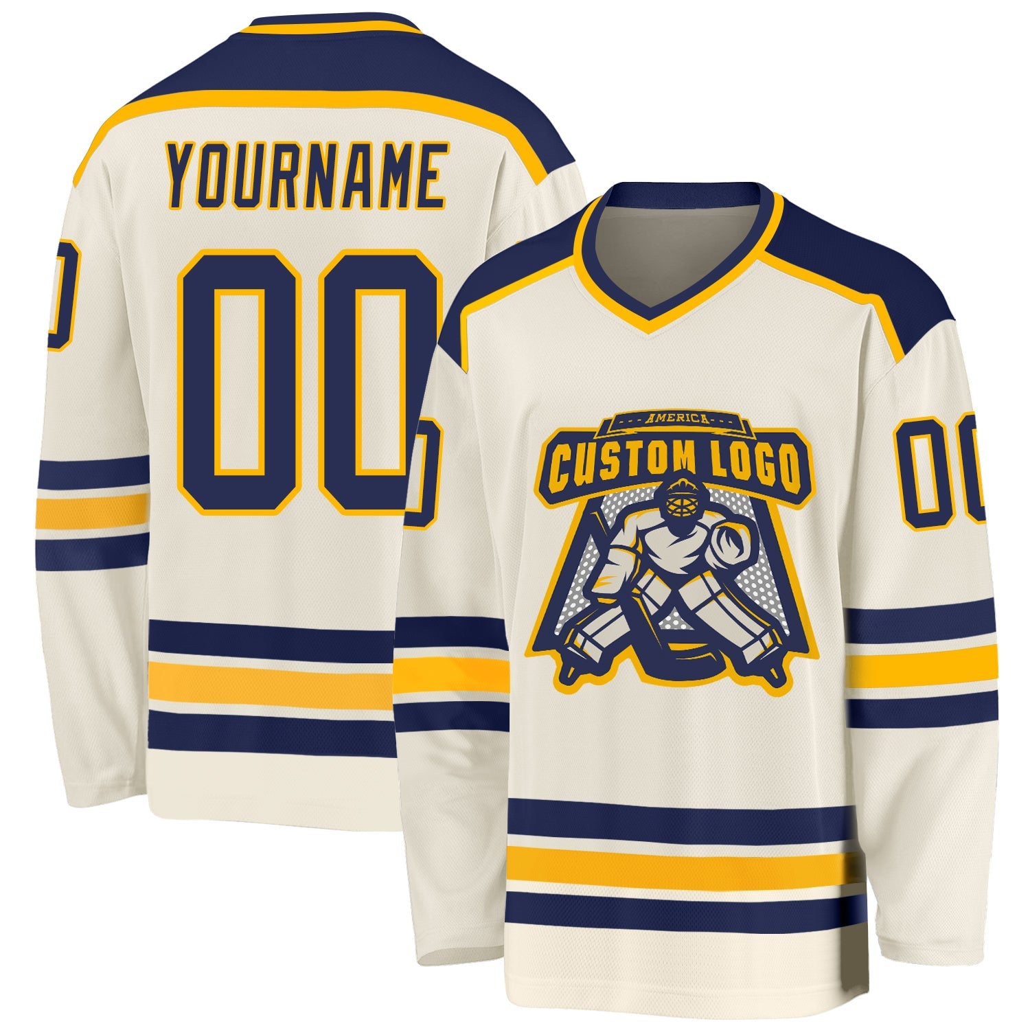 Custom Cream Navy-Gold Hockey Jersey - Sky-Custom