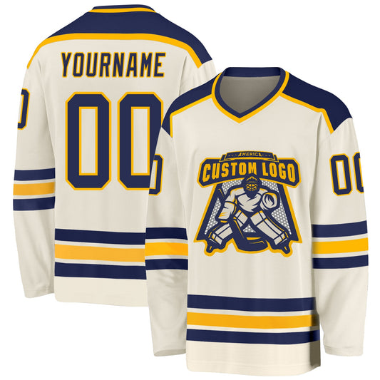 Custom Cream Navy-Gold Hockey Jersey - Sky-Custom