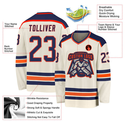 Custom Cream Navy-Orange Hockey Jersey - Sky-Custom