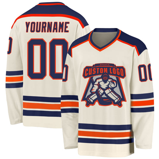 Custom Cream Navy-Orange Hockey Jersey - Sky-Custom