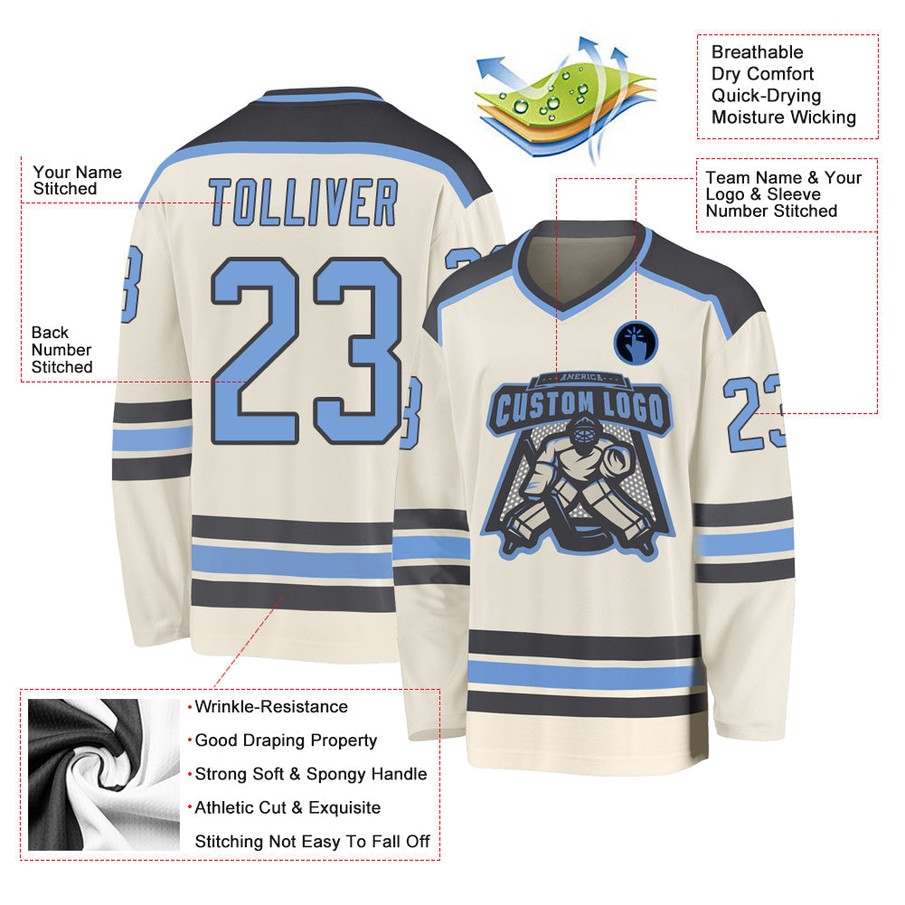 Custom Cream Light Blue-Steel Gray Hockey Jersey - Sky-Custom