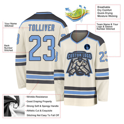 Custom Cream Light Blue-Steel Gray Hockey Jersey - Sky-Custom