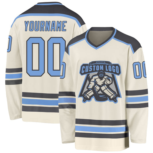 Custom Cream Light Blue-Steel Gray Hockey Jersey - Sky-Custom
