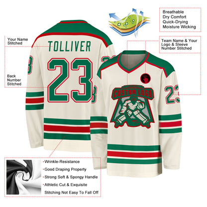 Custom Cream Kelly Green-Red Hockey Jersey - Sky-Custom