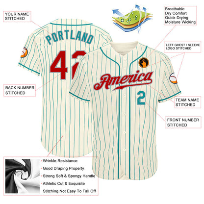 Custom Cream Teal Pinstripe Red Teal-Gray Authentic Baseball Jersey - Sky-Custom