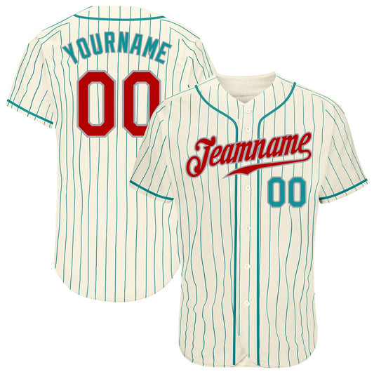 Custom Cream Teal Pinstripe Red Teal-Gray Authentic Baseball Jersey - Sky-Custom
