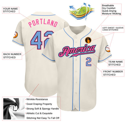 Custom Cream Light Blue Black-Pink Authentic Baseball Jersey - Sky-Custom