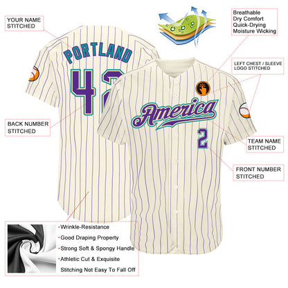 Custom Cream Purple Pinstripe Purple-Teal Authentic Baseball Jersey - Sky-Custom