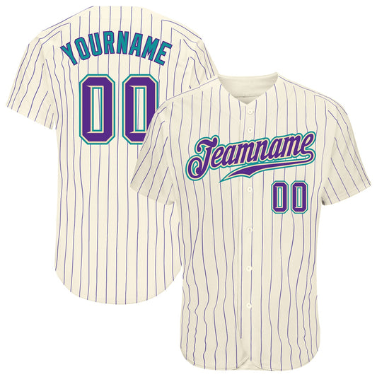 Custom Cream Purple Pinstripe Purple-Teal Authentic Baseball Jersey - Sky-Custom