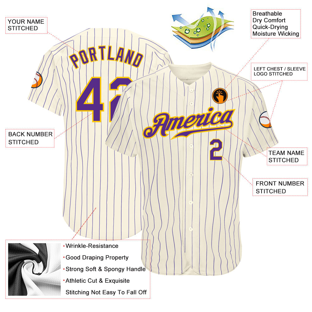 Custom Cream Purple Pinstripe Purple-Gold Authentic Baseball Jersey - Sky-Custom