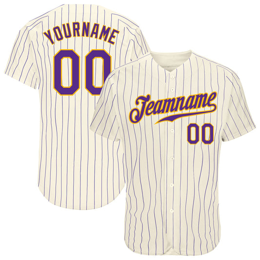 Custom Cream Purple Pinstripe Purple-Gold Authentic Baseball Jersey - Sky-Custom