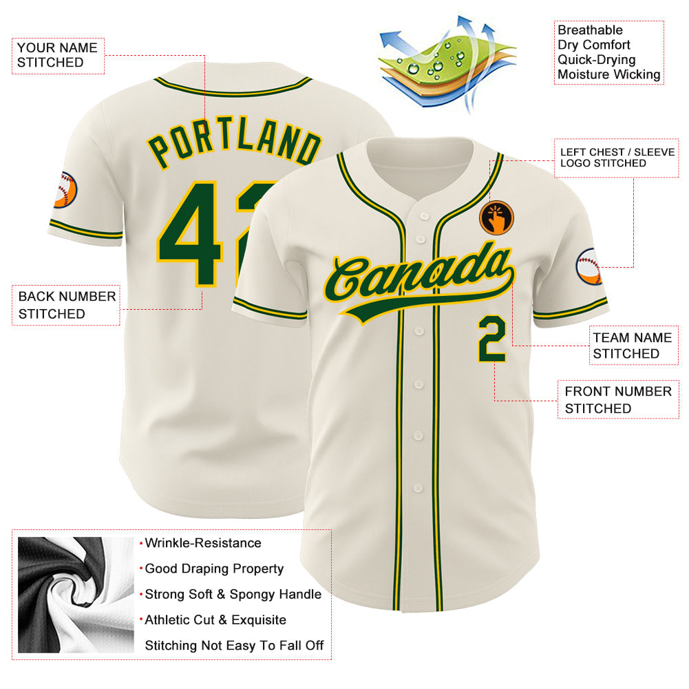 Custom Cream Green-Gold Authentic Baseball Jersey - Sky-Custom