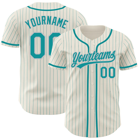 Custom Cream Teal Pinstripe Teal-Gray Authentic Baseball Jersey - Sky-Custom