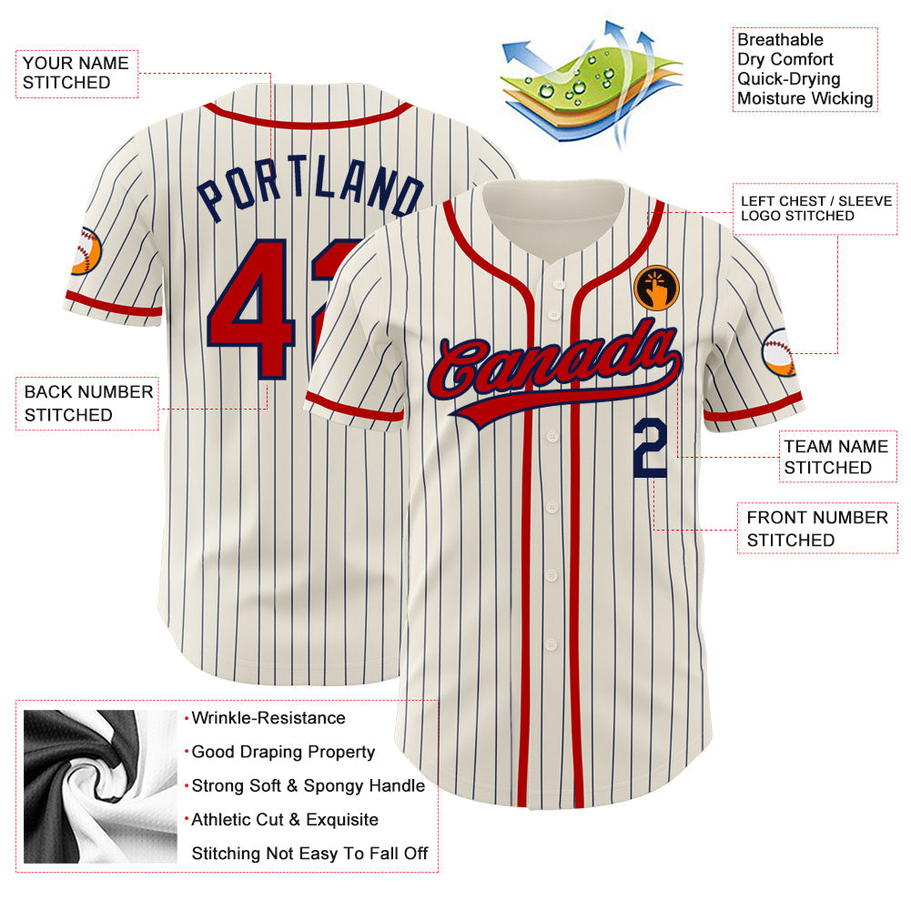 Custom Cream Navy Pinstripe Red Authentic Baseball Jersey - Sky-Custom