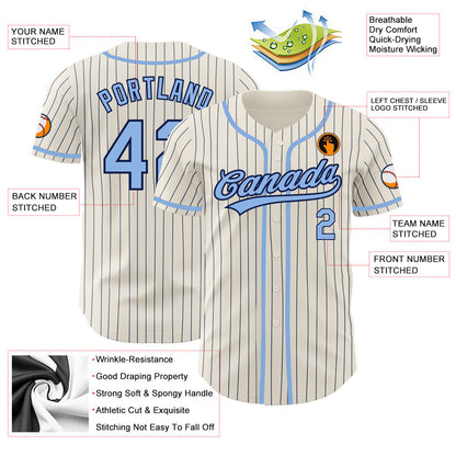 Custom Cream Navy Pinstripe Light Blue Authentic Baseball Jersey - Sky-Custom