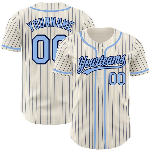 Custom Cream Navy Pinstripe Light Blue Authentic Baseball Jersey - Sky-Custom