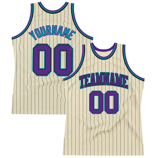 Custom Cream Black Pinstripe Purple-Teal Authentic Basketball Jersey - Sky-Custom