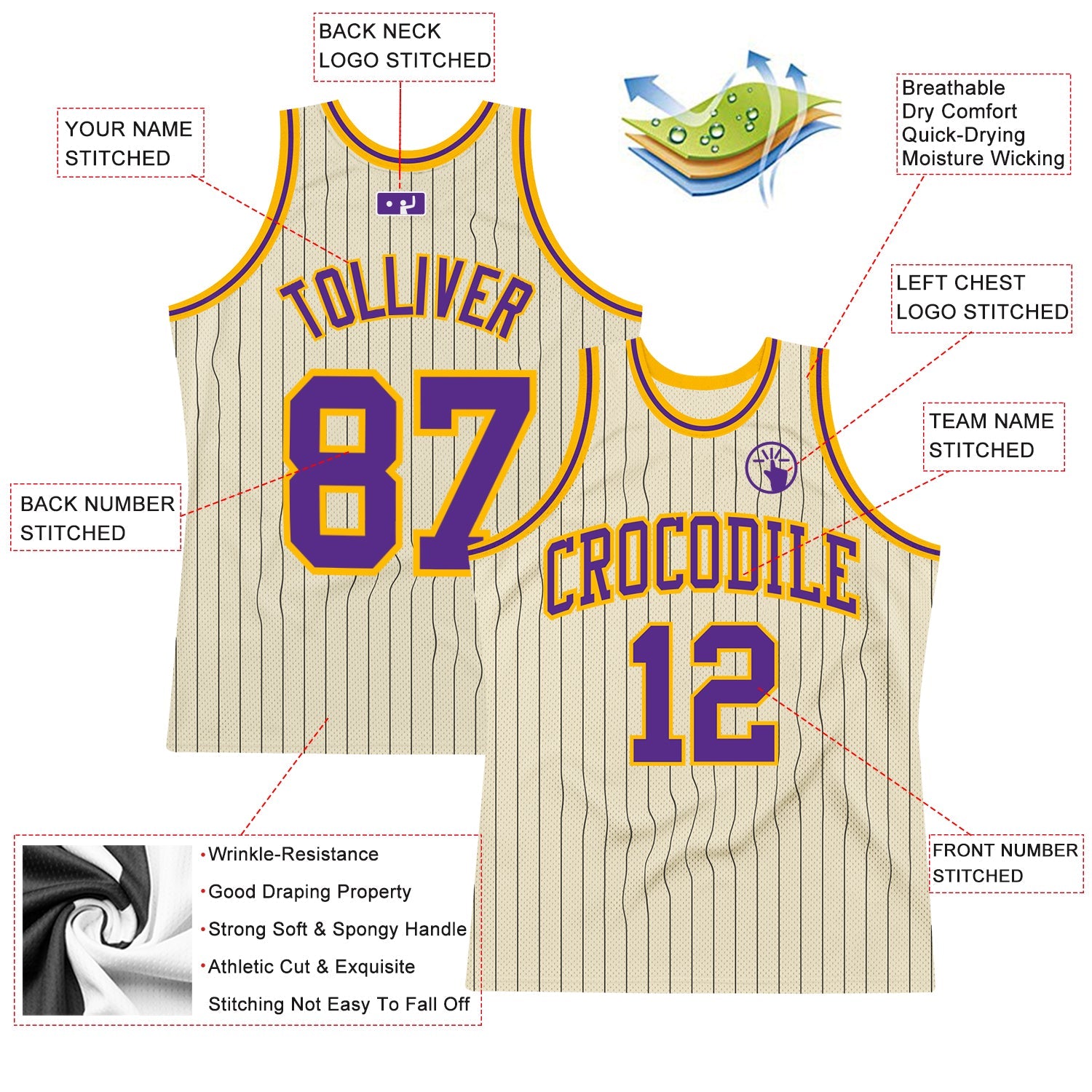 Custom Cream Black Pinstripe Purple-Gold Authentic Basketball Jersey - Sky-Custom
