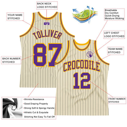 Custom Cream Black Pinstripe Purple-Gold Authentic Basketball Jersey - Sky-Custom