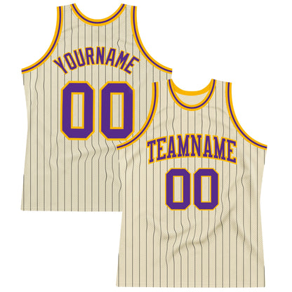Custom Cream Black Pinstripe Purple-Gold Authentic Basketball Jersey - Sky-Custom