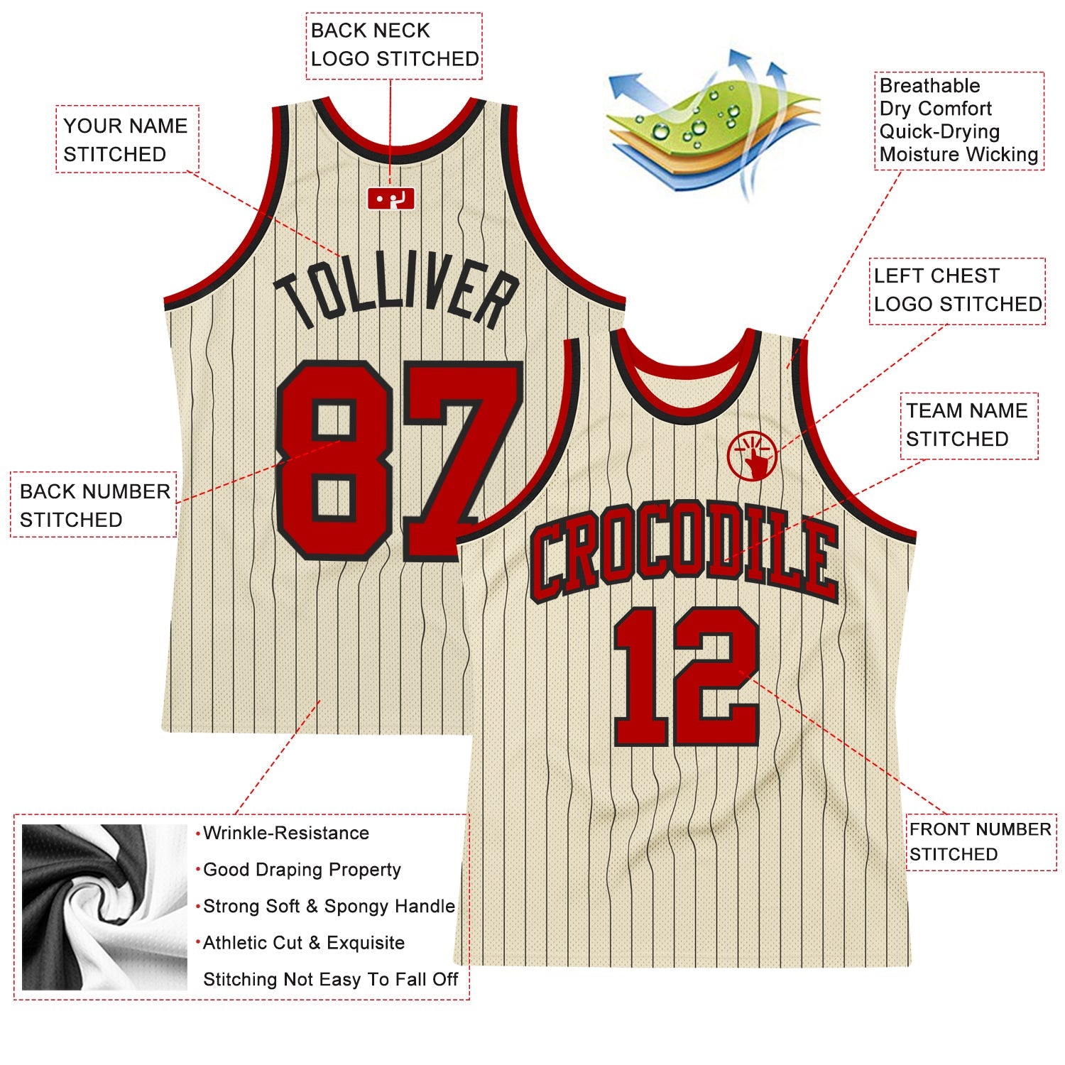 Custom Cream Black Pinstripe Red Authentic Basketball Jersey - Sky-Custom