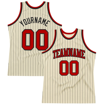 Custom Cream Black Pinstripe Red Authentic Basketball Jersey - Sky-Custom