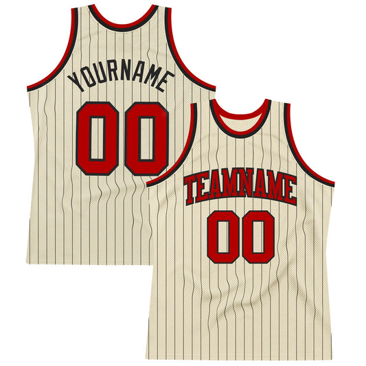Custom Cream Black Pinstripe Red Authentic Basketball Jersey - Sky-Custom