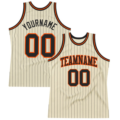Custom Cream Black Pinstripe Black-Orange Authentic Basketball Jersey - Sky-Custom