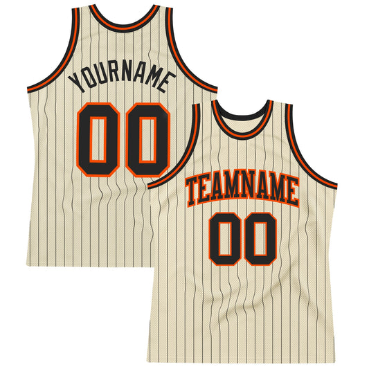 Custom Cream Black Pinstripe Black-Orange Authentic Basketball Jersey - Sky-Custom
