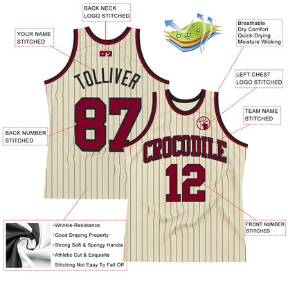 Custom Cream Black Pinstripe Maroon Authentic Basketball Jersey - Sky-Custom