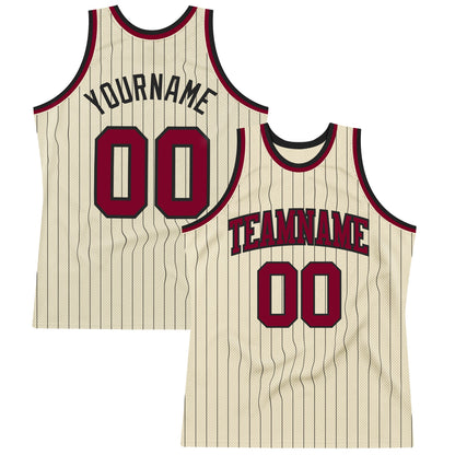 Custom Cream Black Pinstripe Maroon Authentic Basketball Jersey - Sky-Custom