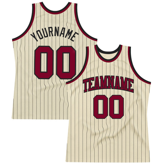 Custom Cream Black Pinstripe Maroon Authentic Basketball Jersey - Sky-Custom