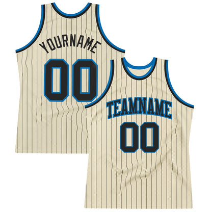 Custom Cream Black Pinstripe Black-Blue Authentic Basketball Jersey - Sky-Custom