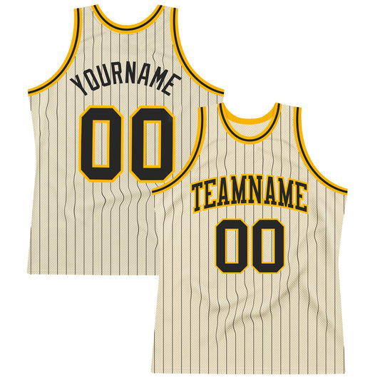 Custom Cream Black Pinstripe Black-Gold Authentic Basketball Jersey - Sky-Custom