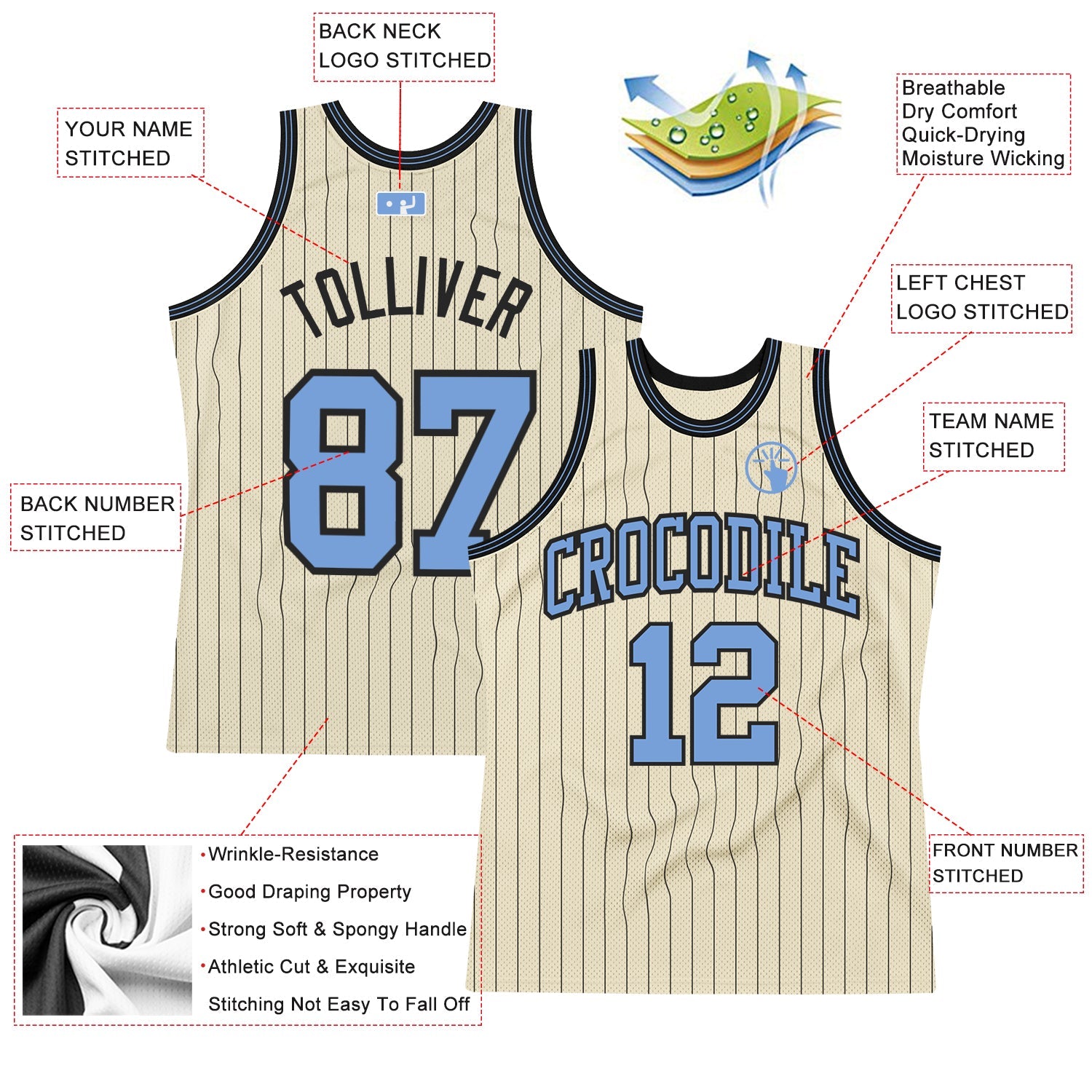 Custom Cream Black Pinstripe Blue Authentic Basketball Jersey - Sky-Custom