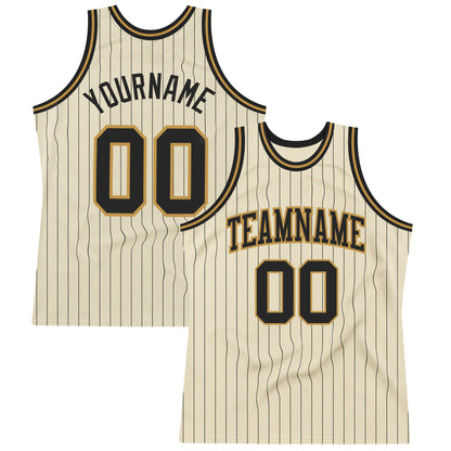 Custom Cream Black Pinstripe Black-Old Gold Authentic Basketball Jersey - Sky-Custom