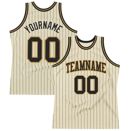 Custom Cream Black Pinstripe Black-Old Gold Authentic Basketball Jersey - Sky-Custom