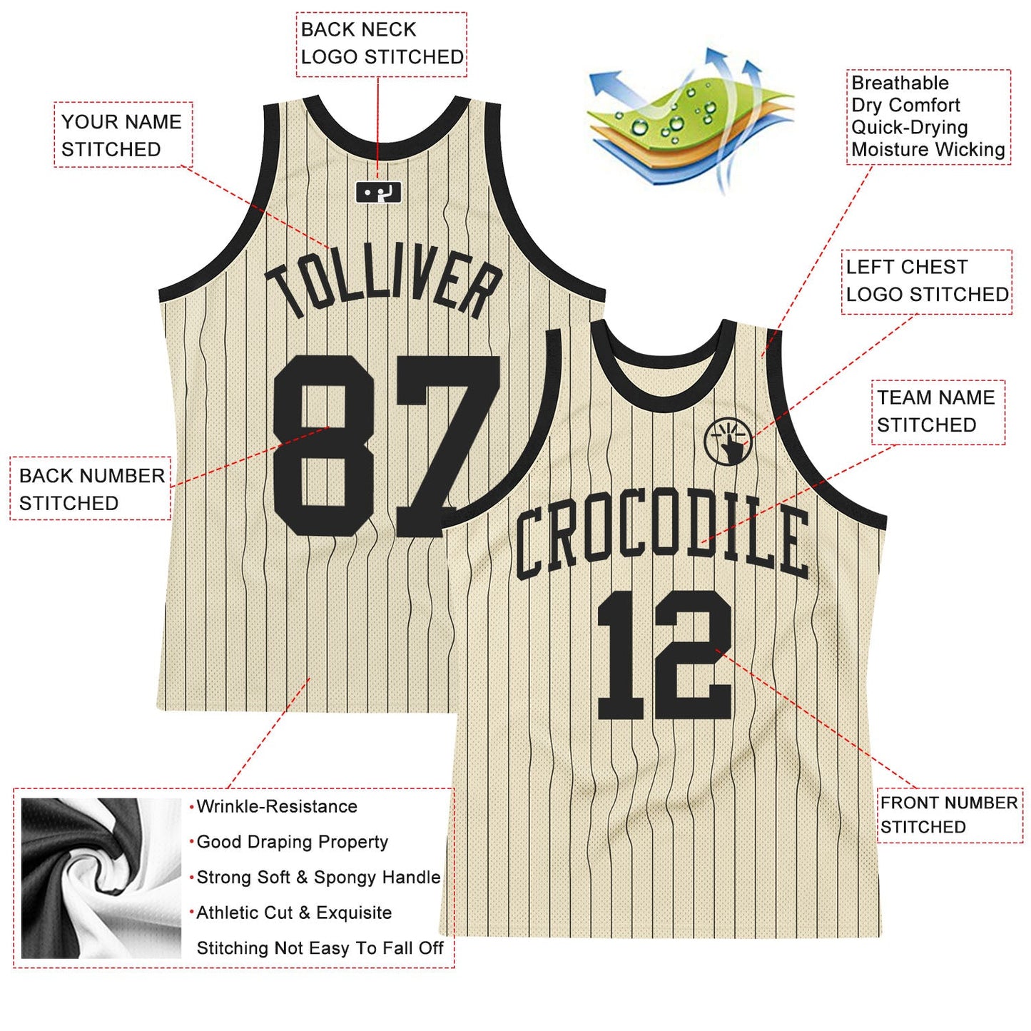 Custom Cream Black Pinstripe Black Authentic Basketball Jersey - Sky-Custom