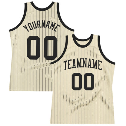 Custom Cream Black Pinstripe Black Authentic Basketball Jersey - Sky-Custom