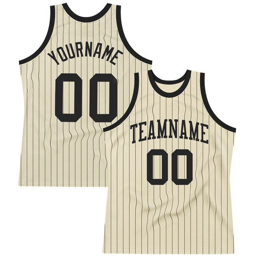 Custom Cream Black Pinstripe Black Authentic Basketball Jersey - Sky-Custom